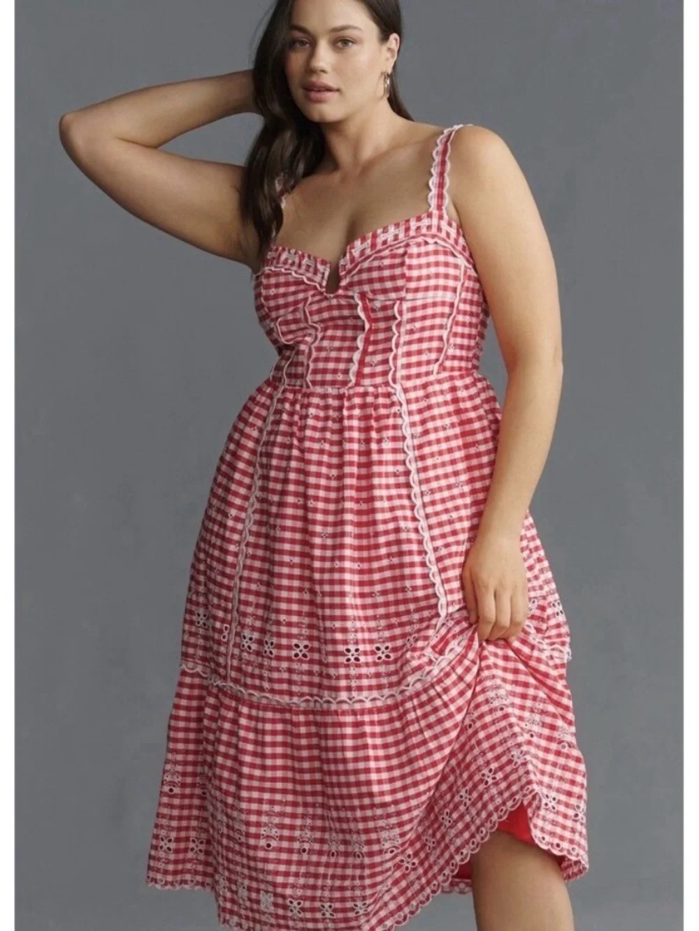 Anthropologie Red Gingham Smocked Dress with Ruffle Trim - Picture 7 of 8